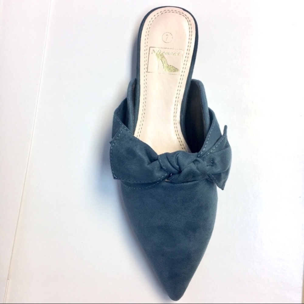 Venetian Teal Bow Mules In Faux Suede - Picture 5 of 8